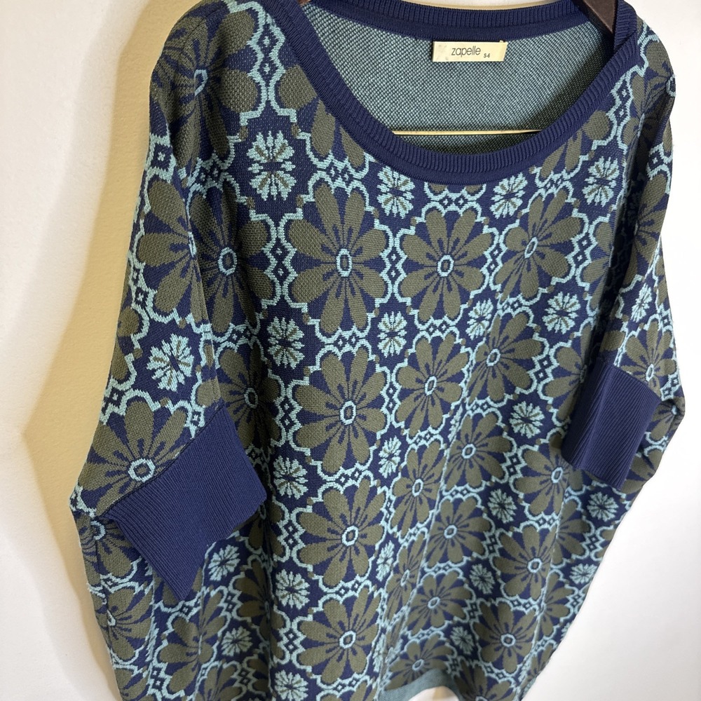 Zapelle Floral Jacquard Knit Top Navy‎ Olive Oversized Dolman Sleeve S-6